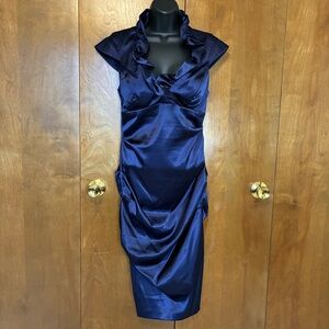Sophisticated Midnight Blue Satin Ruched and Ruffled Midi Cocktail Dress Size 6